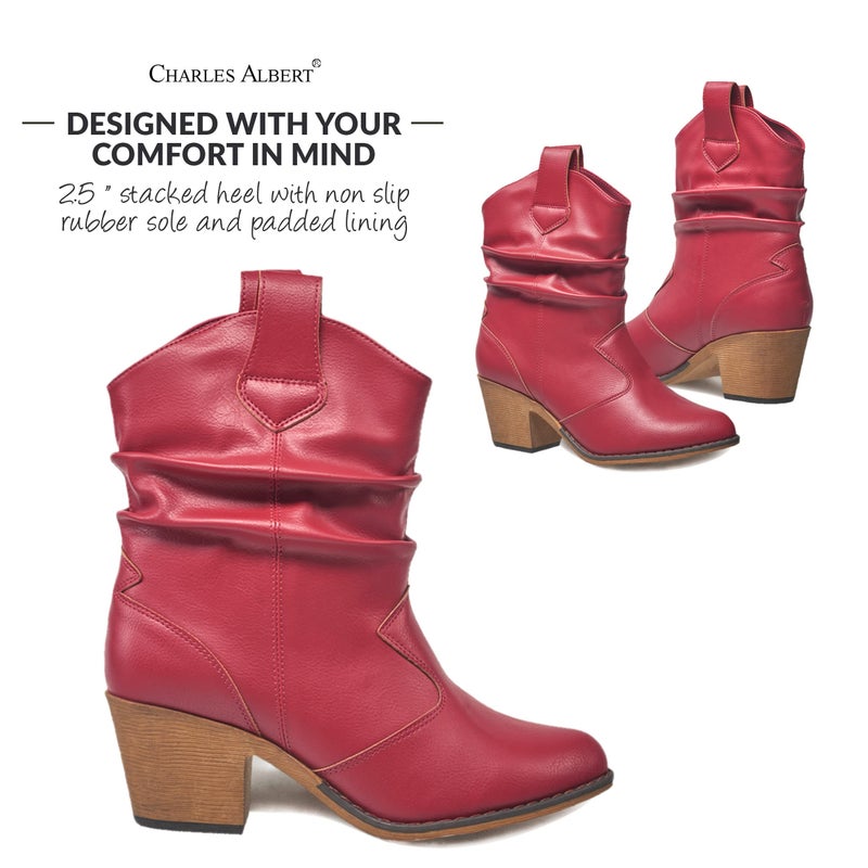 Charles Albert Modern Western Cowboy Boots for Women Ladies Stacked Heel Ankle Cowgirl Boots with Pull-Up Tabs in Red Size 7 - Image 2
